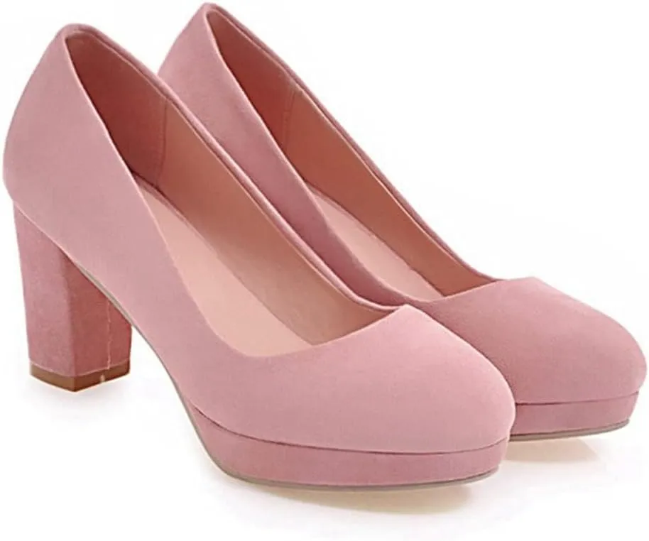 Women's Round Toe Platform Chunky High Block Heel Pumps Suede Slip-On Casual Work Office Dress Shoes