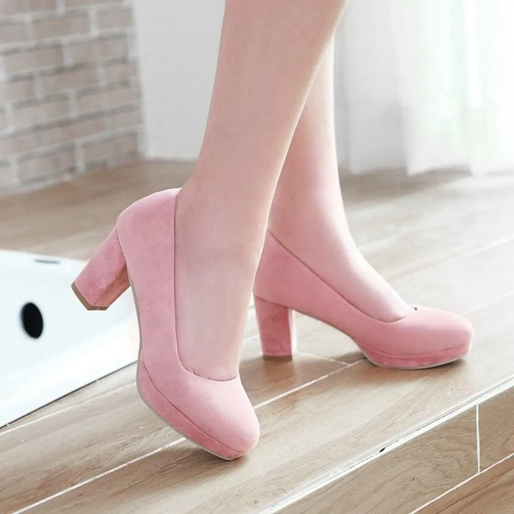 Women's Round Toe Platform Chunky High Block Heel Pumps Suede Slip-On Casual Work Office Dress Shoes
