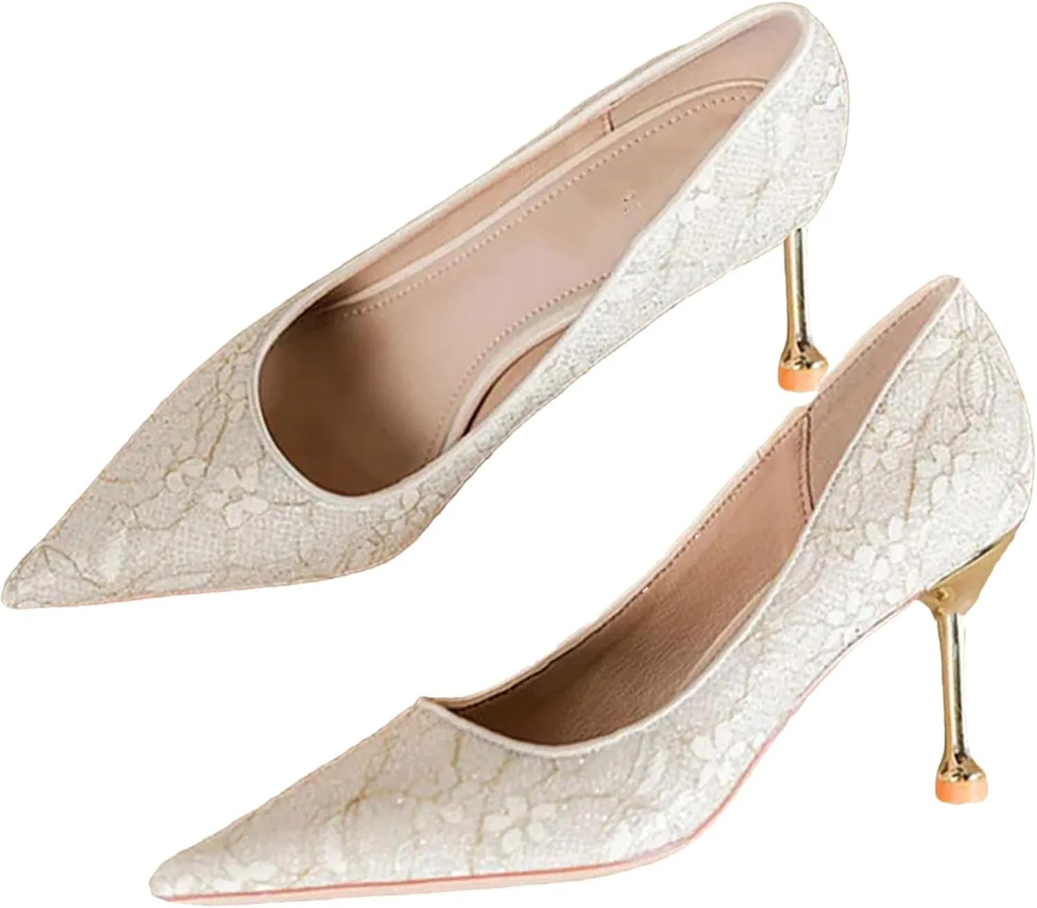 Women's Shiny Sequins High Heels Pumps Closed Toe Lace Crochet Party Wedding Shoes Women Slip-On Pointed Toe Dress Shoes