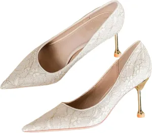 Women's Shiny Sequins High Heels Pumps Closed Toe Lace Crochet Party Wedding Shoes Women Slip-On Pointed Toe Dress Shoes