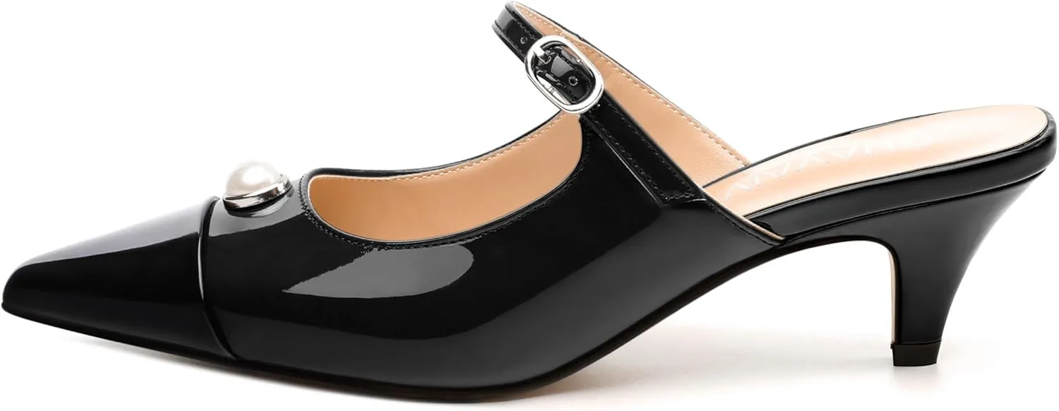 Women's Slide Sandals, Backstrap Buckle Low Kitten Heels, Two Toned Patchwork Pointed Toe, Fashion Party Daily Dress Shoes for Women