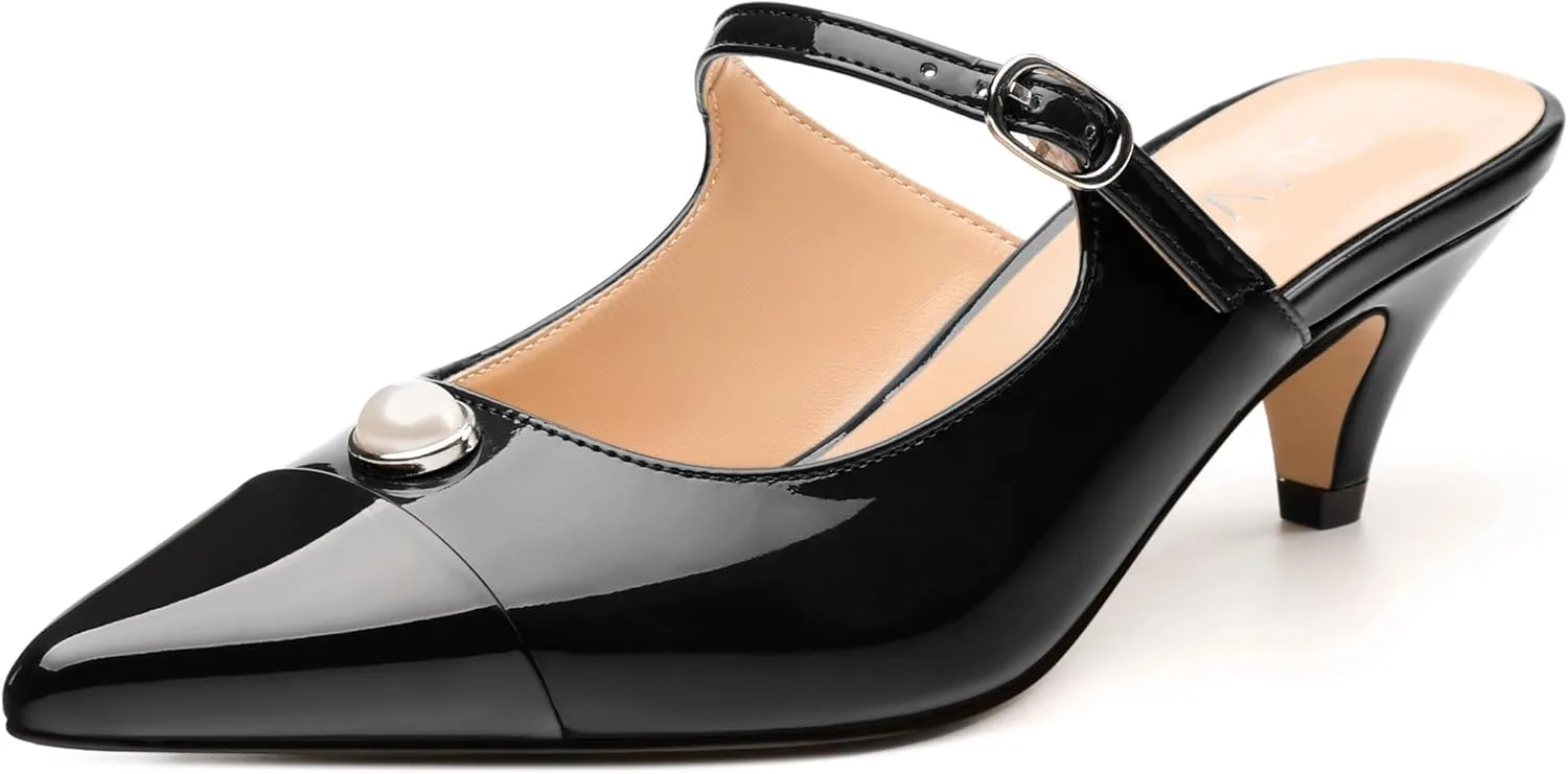 Women's Slide Sandals, Backstrap Buckle Low Kitten Heels, Two Toned Patchwork Pointed Toe, Fashion Party Daily Dress Shoes for Women