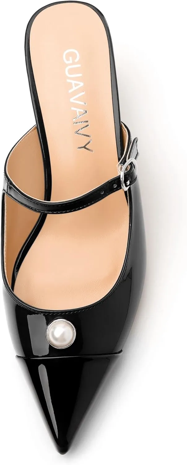 Women's Slide Sandals, Backstrap Buckle Low Kitten Heels, Two Toned Patchwork Pointed Toe, Fashion Party Daily Dress Shoes for Women