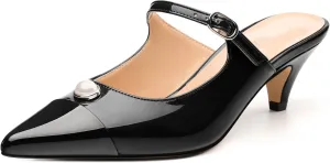 Women's Slide Sandals, Backstrap Buckle Low Kitten Heels, Two Toned Patchwork Pointed Toe, Fashion Party Daily Dress Shoes for Women