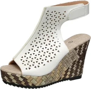Women's White Lace-Up Wedge Sandals with Peep Toe and Woven Heel – Stylish Summer Platform Sandals for Vacations, Shopping, and Casual Outfits