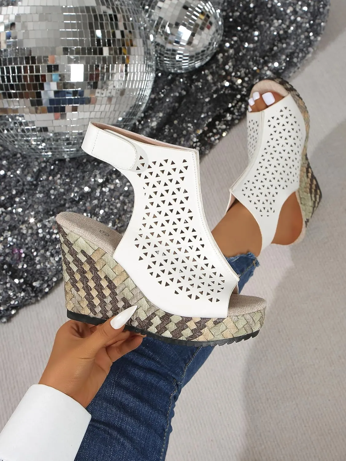 Women's White Lace-Up Wedge Sandals with Peep Toe and Woven Heel – Stylish Summer Platform Sandals for Vacations, Shopping, and Casual Outfits
