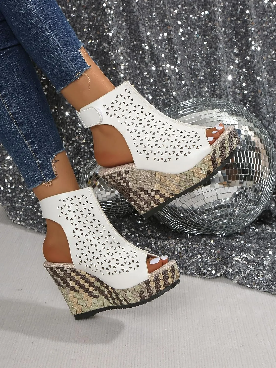 Women's White Lace-Up Wedge Sandals with Peep Toe and Woven Heel – Stylish Summer Platform Sandals for Vacations, Shopping, and Casual Outfits