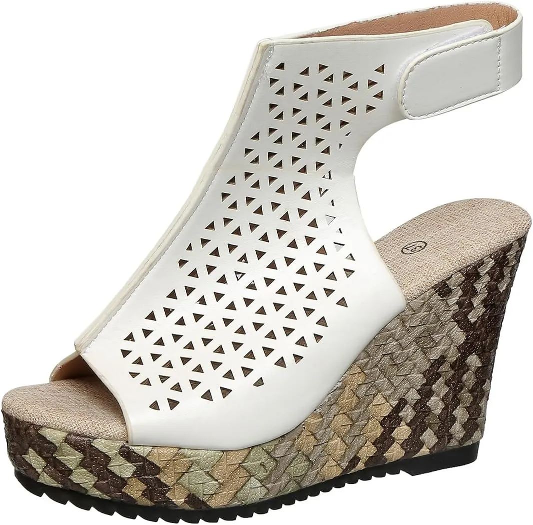 Women's White Lace-Up Wedge Sandals with Peep Toe and Woven Heel – Stylish Summer Platform Sandals for Vacations, Shopping, and Casual Outfits