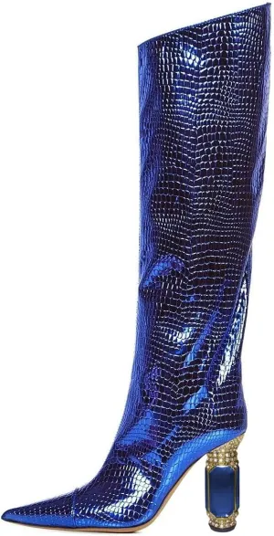 XYD Women Side Zip Knee High Boots Pointed Toe Cylindrical Crystal Block Heels Pumps Slouchy Dressy Party Shoes