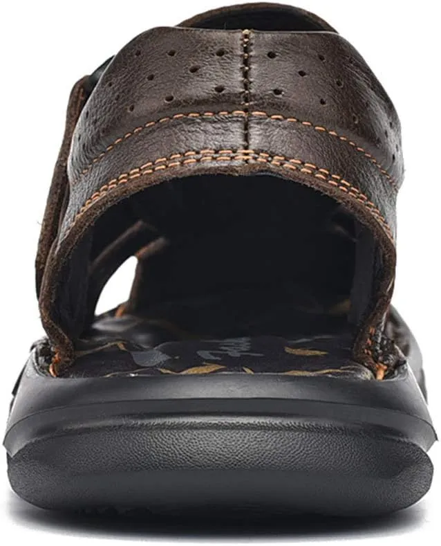 YONGJIA Mens Leather Handmade Sandals Closed Toe Casual Outdoor Adjustable Summer Shoes