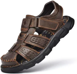 YONGJIA Mens Leather Handmade Sandals Closed Toe Casual Outdoor Adjustable Summer Shoes