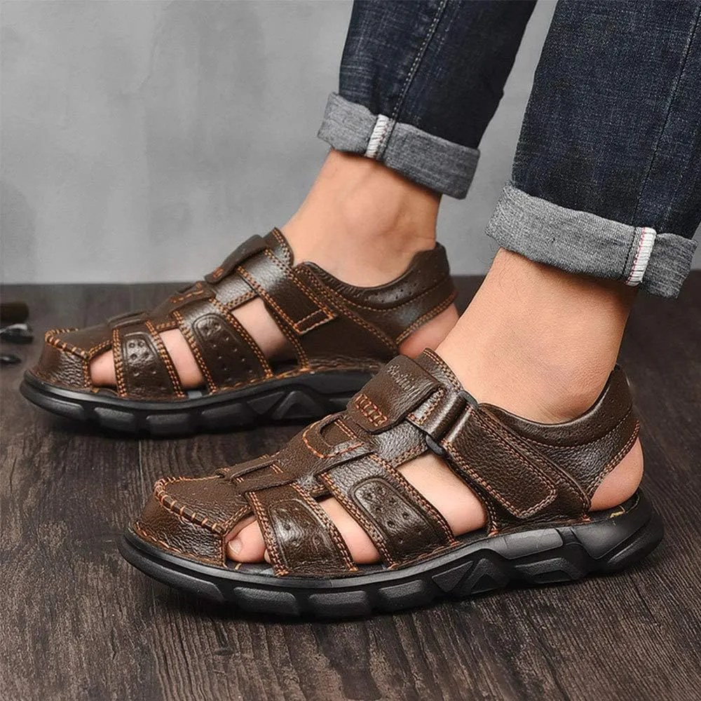 YONGJIA Mens Leather Handmade Sandals Closed Toe Casual Outdoor Adjustable Summer Shoes