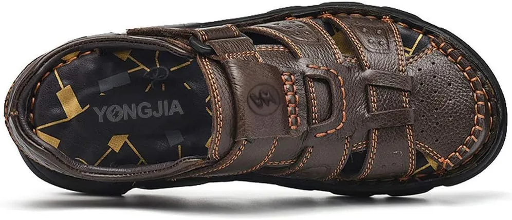 YONGJIA Mens Leather Handmade Sandals Closed Toe Casual Outdoor Adjustable Summer Shoes