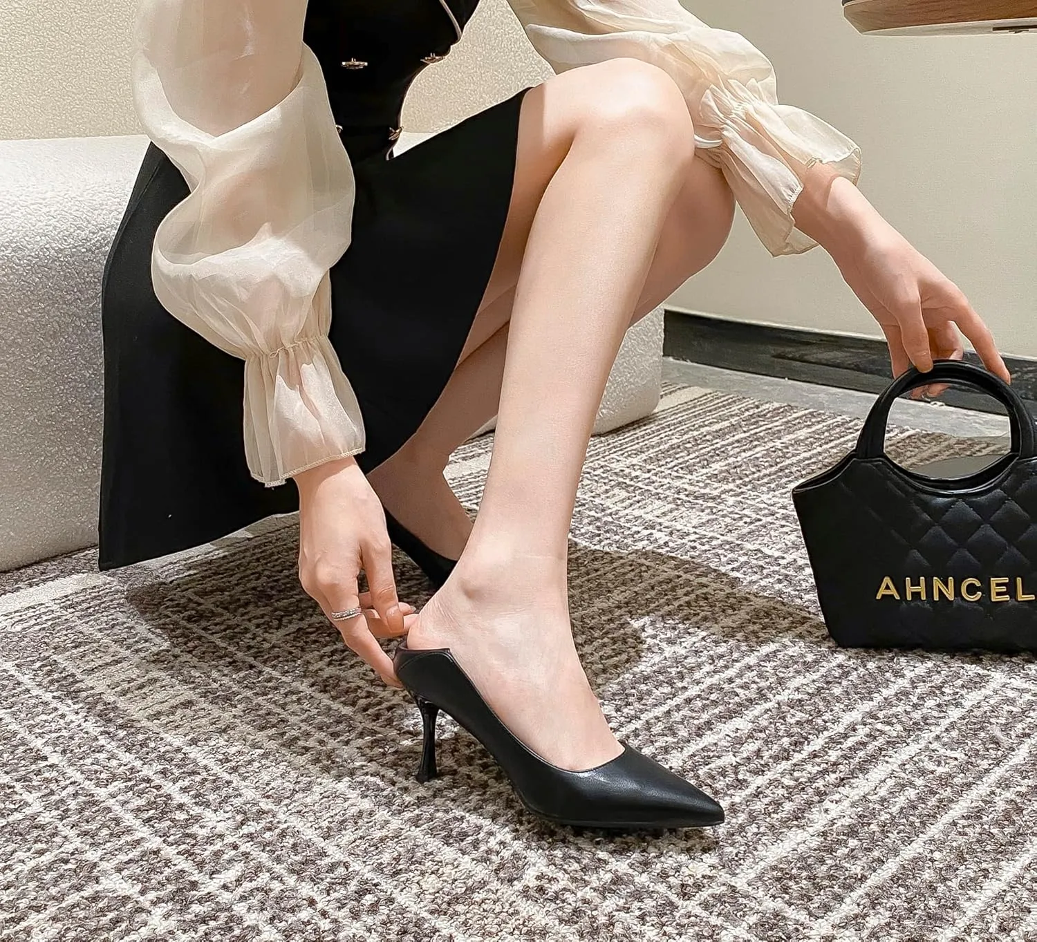 YooPrettyz Women Polished Leather Office Pumps Pointed Toe Kitten Heels Dressy Pumps Shoes Foldable Back Heels