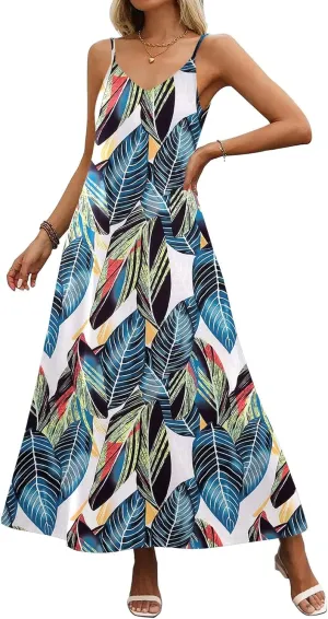 Zeagoo Womens Summer Maxi Dress Spaghetti Strap Casual Printed Dress Boho Floral Beach Sundress,