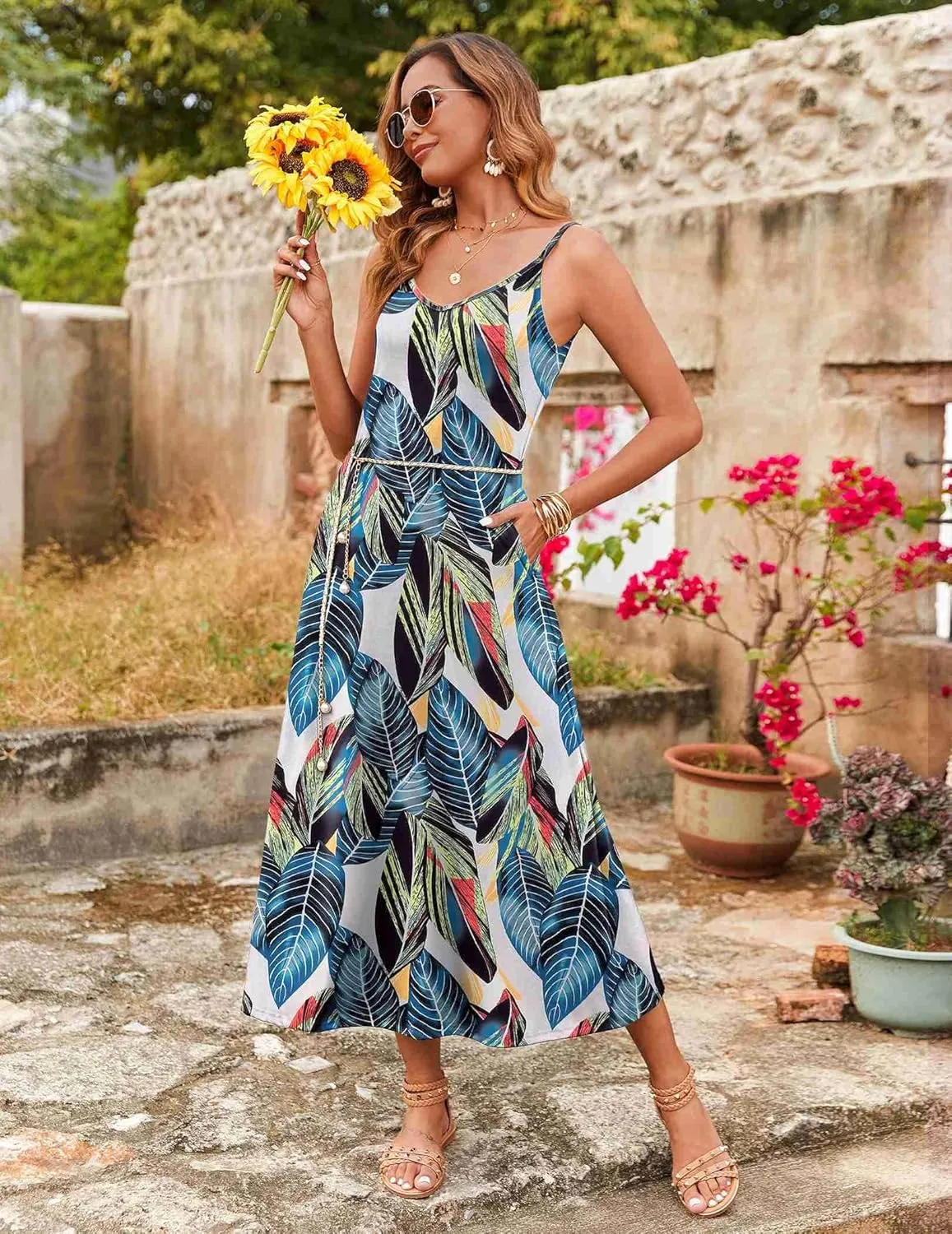 Zeagoo Womens Summer Maxi Dress Spaghetti Strap Casual Printed Dress Boho Floral Beach Sundress,