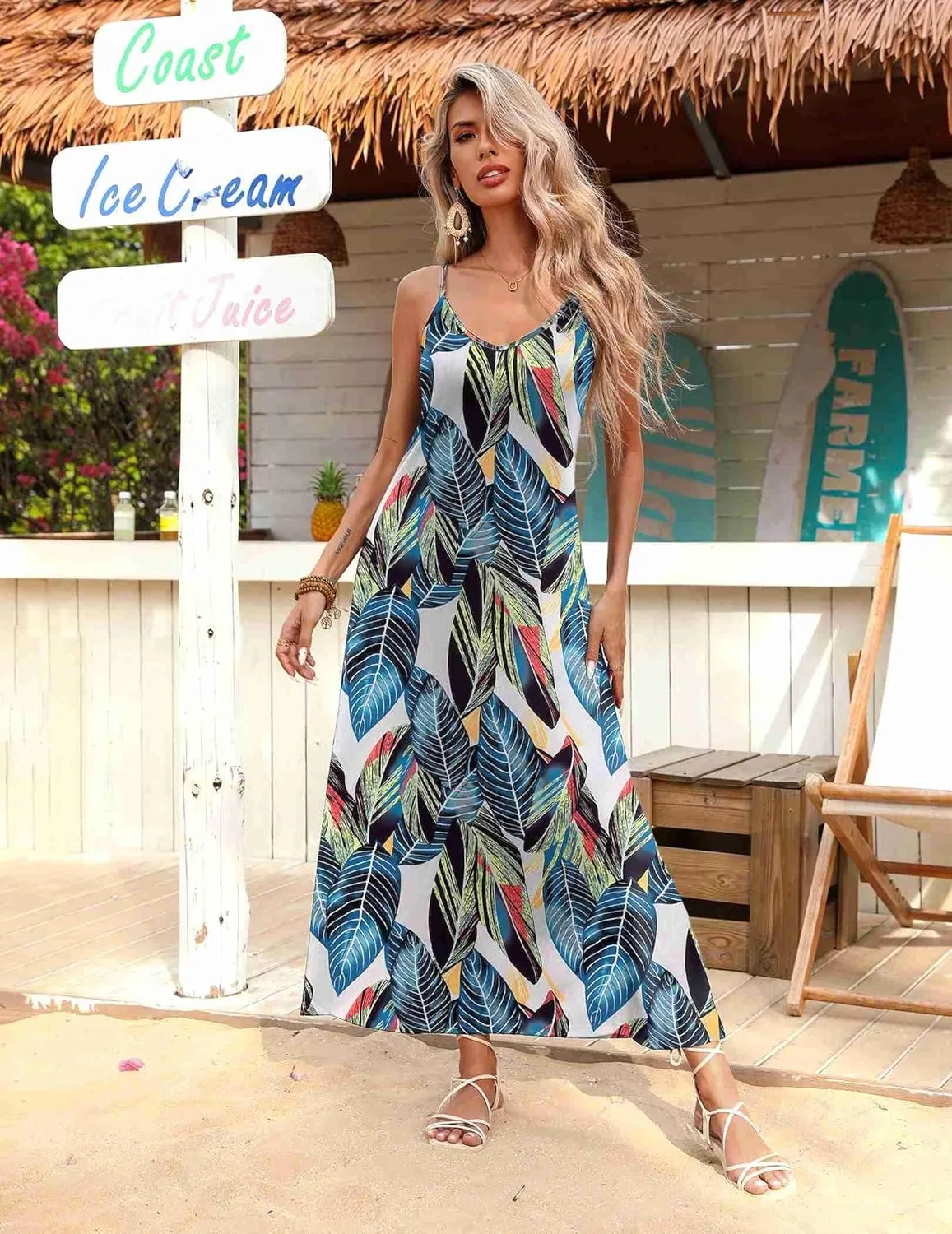 Zeagoo Womens Summer Maxi Dress Spaghetti Strap Casual Printed Dress Boho Floral Beach Sundress,