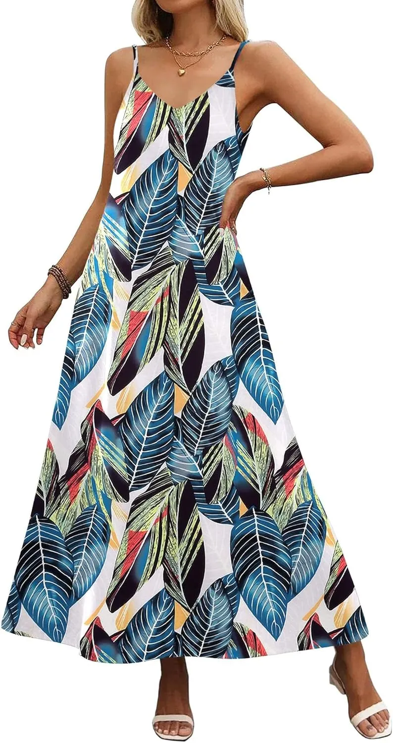 Zeagoo Womens Summer Maxi Dress Spaghetti Strap Casual Printed Dress Boho Floral Beach Sundress,