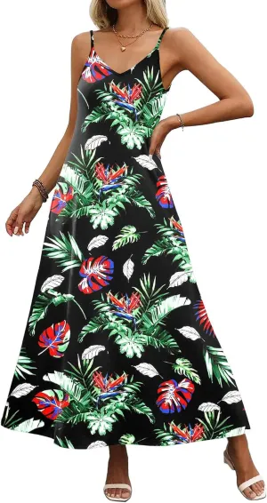 Zeagoo Womens Summer Maxi Dress Spaghetti Strap Casual Printed Dress Boho Floral Beach Sundress,