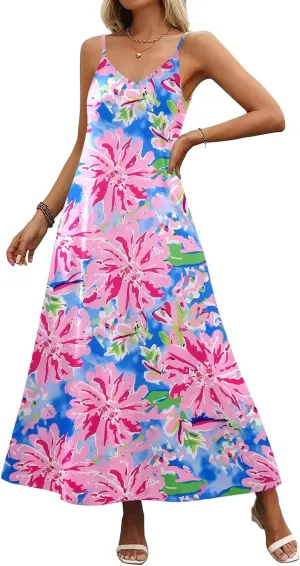 Zeagoo Womens Summer Maxi Dress Spaghetti Strap Casual Printed Dress Boho Floral Beach Sundress,