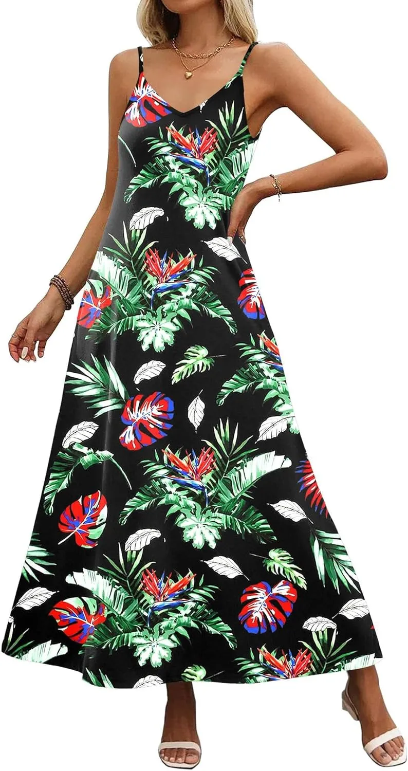 Zeagoo Womens Summer Maxi Dress Spaghetti Strap Casual Printed Dress Boho Floral Beach Sundress,